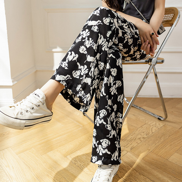 あり ワイドパンツ DOGプリント ハイウエスト ストレート モノトーン ダンス 個性的服 衣装 秋 韓国ファッション パンツ イージーパンツ 夏 春 黒 