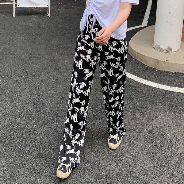 あり ワイドパンツ DOGプリント ハイウエスト ストレート モノトーン ダンス 個性的服 衣装 秋 韓国ファッション パンツ イージーパンツ 夏 春 黒 