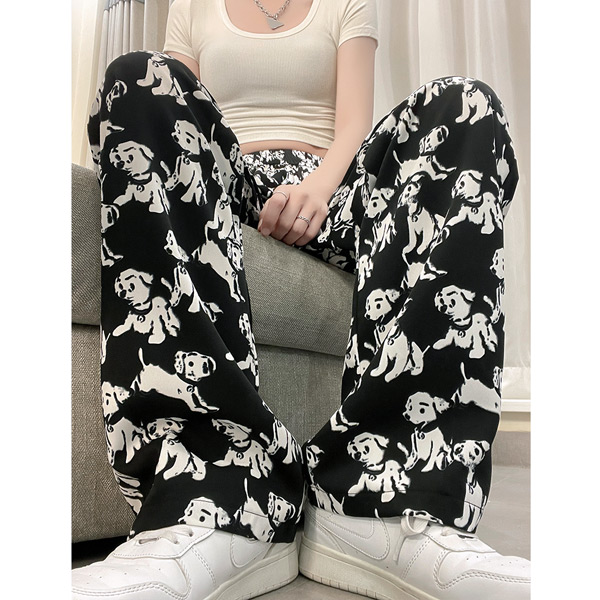 あり ワイドパンツ DOGプリント ハイウエスト ストレート モノトーン ダンス 個性的服 衣装 秋 韓国ファッション パンツ イージーパンツ 夏 春 黒 