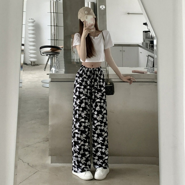 あり ワイドパンツ DOGプリント ハイウエスト ストレート モノトーン ダンス 個性的服 衣装 秋 韓国ファッション パンツ イージーパンツ 夏 春 黒 