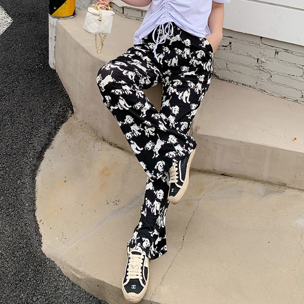 あり ワイドパンツ DOGプリント ハイウエスト ストレート モノトーン ダンス 個性的服 衣装 秋 韓国ファッション パンツ イージーパンツ 夏 春 黒 