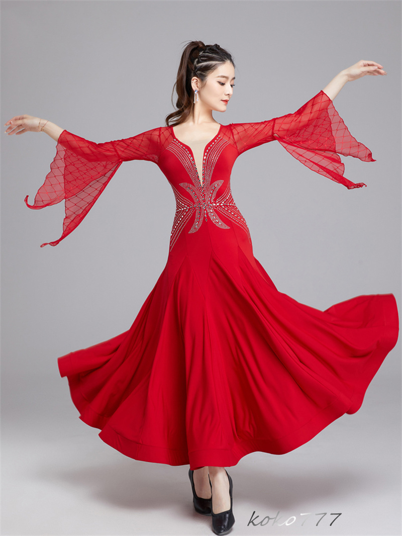 ロングドレス レディース ワンピース ダンスウェア カラードレス パーティー 公演 ワルツ 社交ダンス 発表会 洋服 舞台衣装 コスチューム ラテンモダンダンス 