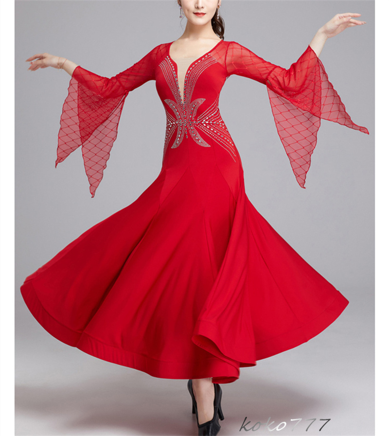 ロングドレス レディース ワンピース ダンスウェア カラードレス パーティー 公演 ワルツ 社交ダンス 発表会 洋服 舞台衣装 コスチューム ラテンモダンダンス 