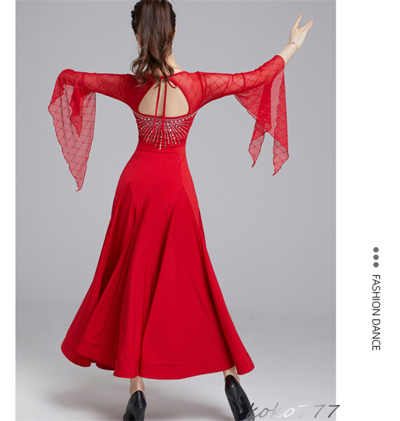 ロングドレス レディース ワンピース ダンスウェア カラードレス パーティー 公演 ワルツ 社交ダンス 発表会 洋服 舞台衣装 コスチューム ラテンモダンダンス 