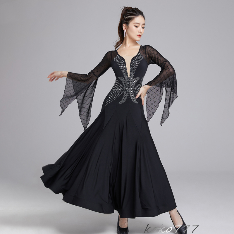 ロングドレス レディース ワンピース ダンスウェア カラードレス パーティー 公演 ワルツ 社交ダンス 発表会 洋服 舞台衣装 コスチューム ラテンモダンダンス 