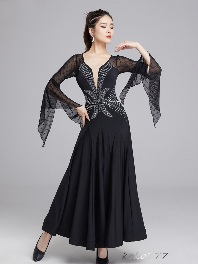 ロングドレス レディース ワンピース ダンスウェア カラードレス パーティー 公演 ワルツ 社交ダンス 発表会 洋服 舞台衣装 コスチューム ラテンモダンダンス 