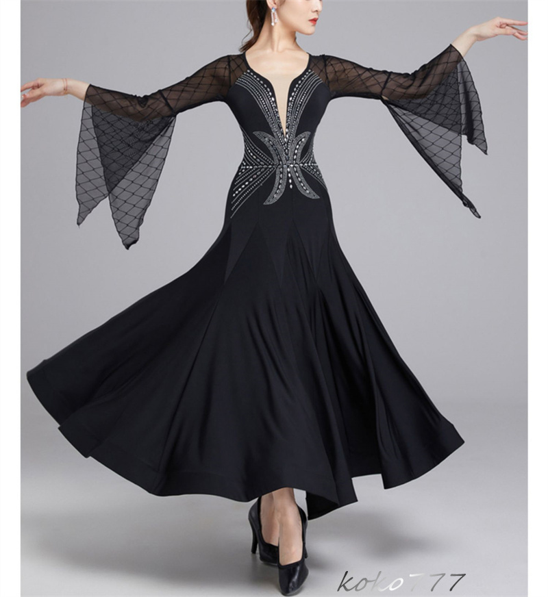 ロングドレス レディース ワンピース ダンスウェア カラードレス パーティー 公演 ワルツ 社交ダンス 発表会 洋服 舞台衣装 コスチューム ラテンモダンダンス 