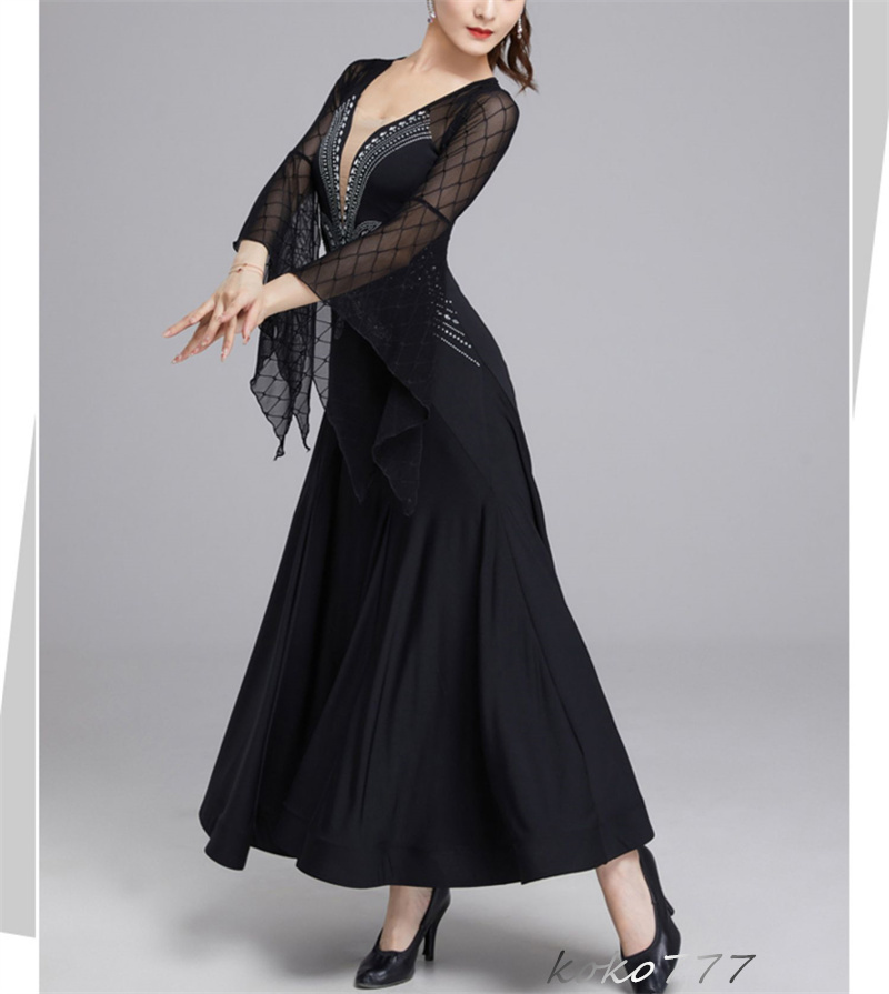 ロングドレス レディース ワンピース ダンスウェア カラードレス パーティー 公演 ワルツ 社交ダンス 発表会 洋服 舞台衣装 コスチューム ラテンモダンダンス 