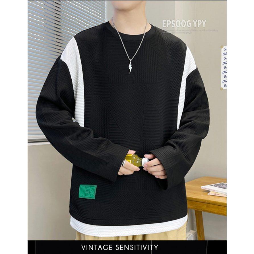 トップス 重ね着風 トレーナー レイヤード風Tシャツ メンズ 切り替え オシャレ プルオーバー クルーネック 長袖 スウェット 