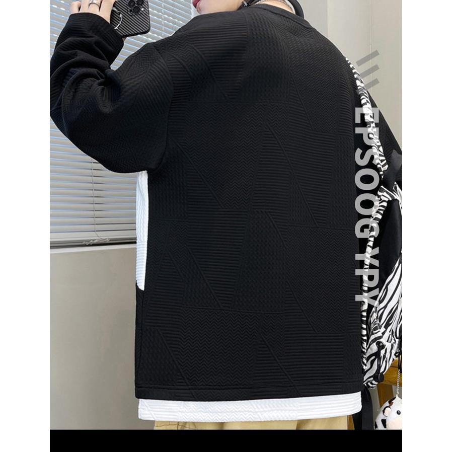 トップス 重ね着風 トレーナー レイヤード風Tシャツ メンズ 切り替え オシャレ プルオーバー クルーネック 長袖 スウェット 