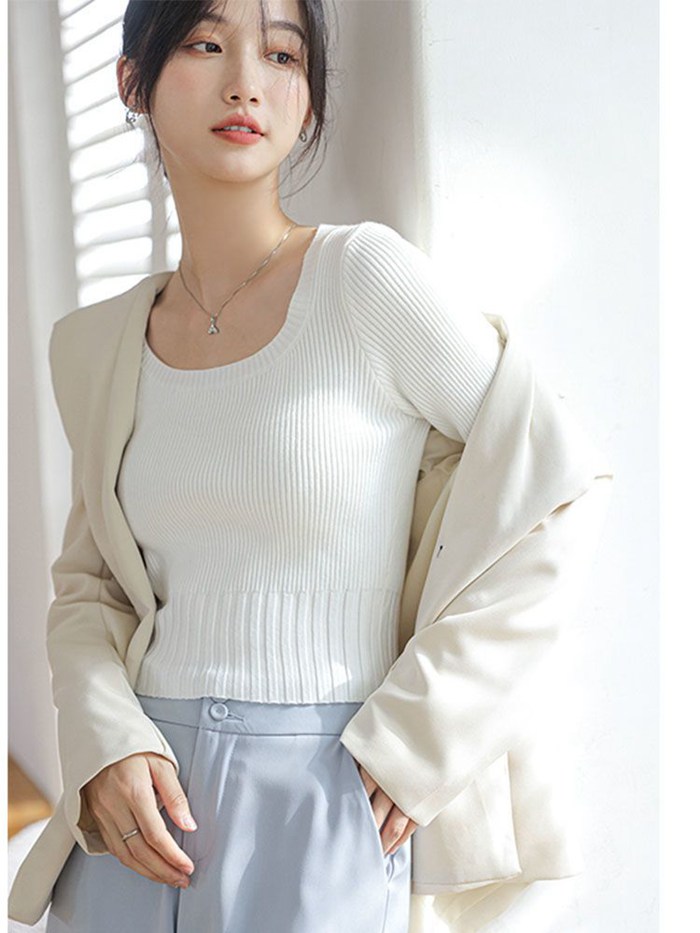 リブニット インナー 長袖 無地 ニット スクープドネック おしゃれ セクシー エレ柔らかい レディース シンプル シルエット トップス 