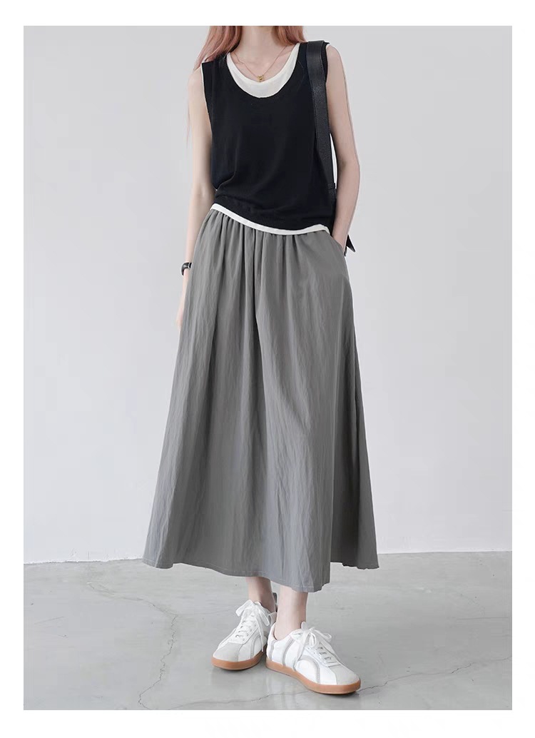 ロングスカート ギャザー フレアスカート ウエストゴム Aライン 夏物 リラックス 着痩せ レディース 通勤 ポケット付き ボ無地 スカート 