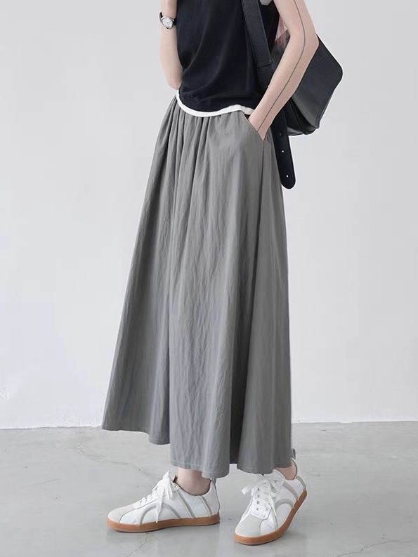 ロングスカート ギャザー フレアスカート ウエストゴム Aライン 夏物 リラックス 着痩せ レディース 通勤 ポケット付き ボ無地 スカート 