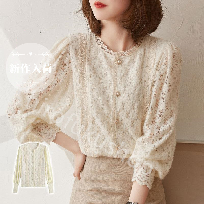 シャツ レディース レース トップス ブラウス 長袖 大人 きれいめ 刺繍 おしゃれ シンプル 30代 透け感 可愛い ラウンドネック 40代 20代 