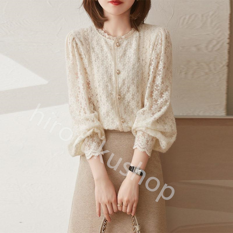 シャツ レディース レース トップス ブラウス 長袖 大人 きれいめ 刺繍 おしゃれ シンプル 30代 透け感 可愛い ラウンドネック 40代 20代 