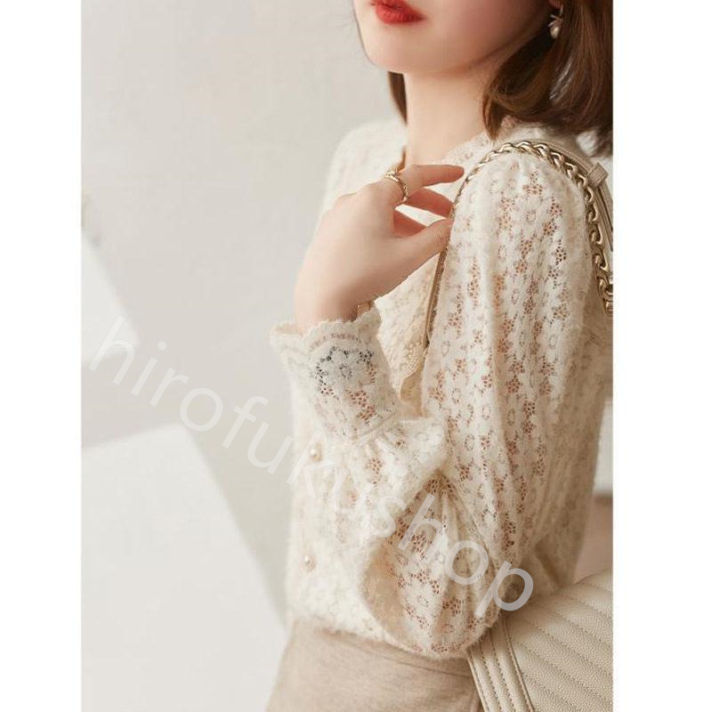 シャツ レディース レース トップス ブラウス 長袖 大人 きれいめ 刺繍 おしゃれ シンプル 30代 透け感 可愛い ラウンドネック 40代 20代 