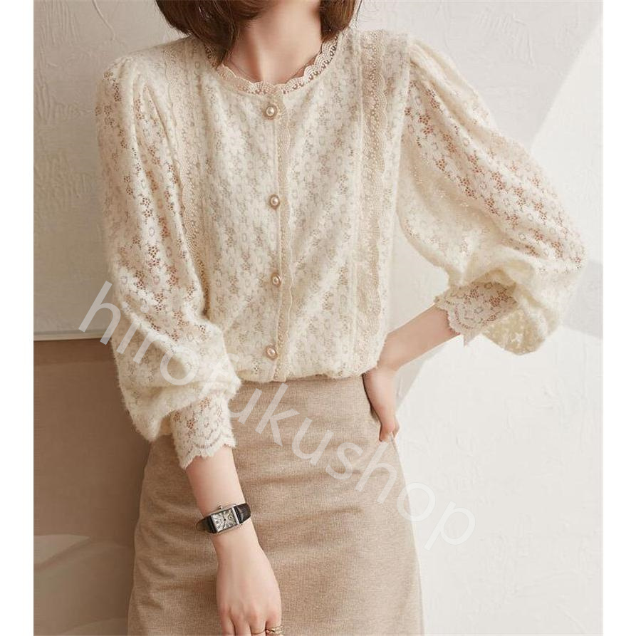 シャツ レディース レース トップス ブラウス 長袖 大人 きれいめ 刺繍 おしゃれ シンプル 30代 透け感 可愛い ラウンドネック 40代 20代 
