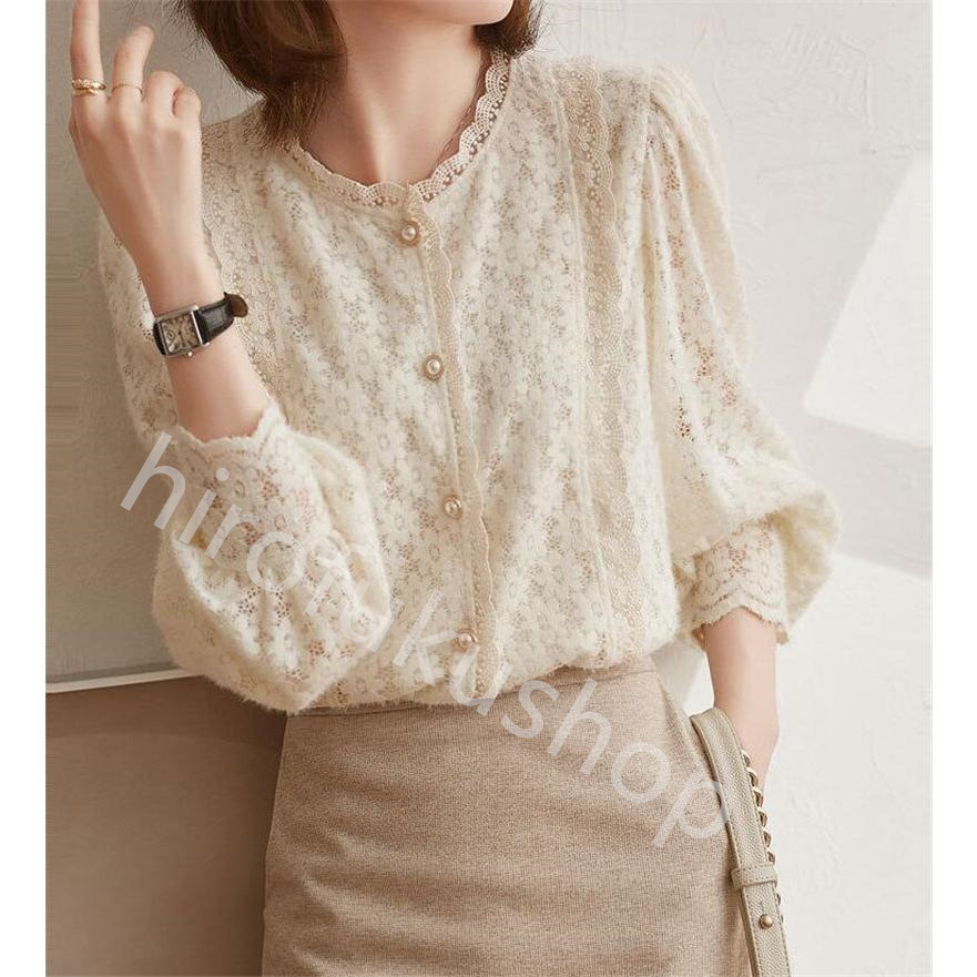 シャツ レディース レース トップス ブラウス 長袖 大人 きれいめ 刺繍 おしゃれ シンプル 30代 透け感 可愛い ラウンドネック 40代 20代 