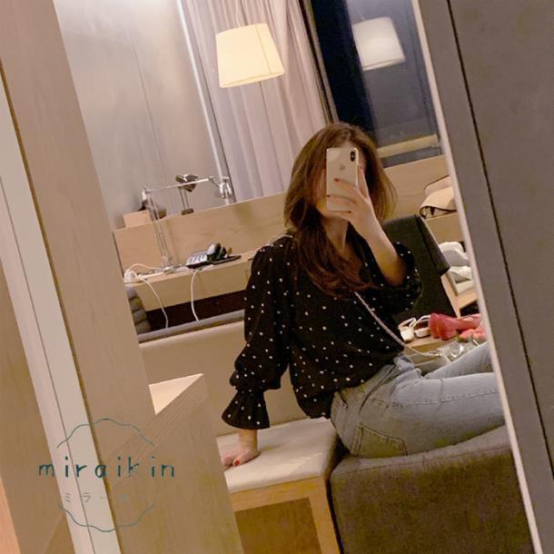 シャツブラウス ハート柄 レディース 長袖 Vネック シフォンシャツ トップス 40代 着やせ シャツ ブラウス 50代 カジュアル かわいい 30代 ラッパ袖 20代 