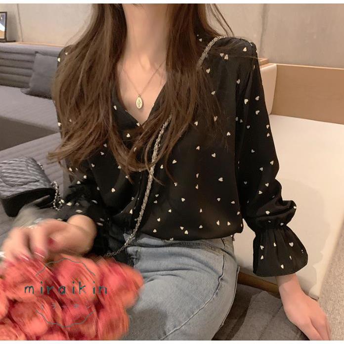 シャツブラウス ハート柄 レディース 長袖 Vネック シフォンシャツ トップス 40代 着やせ シャツ ブラウス 50代 カジュアル かわいい 30代 ラッパ袖 20代 