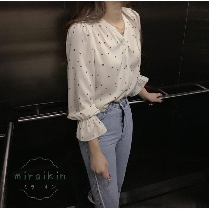 シャツブラウス ハート柄 レディース 長袖 Vネック シフォンシャツ トップス 40代 着やせ シャツ ブラウス 50代 カジュアル かわいい 30代 ラッパ袖 20代 