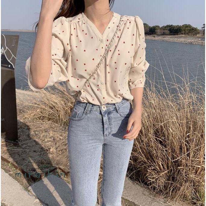 シャツブラウス ハート柄 レディース 長袖 Vネック シフォンシャツ トップス 40代 着やせ シャツ ブラウス 50代 カジュアル かわいい 30代 ラッパ袖 20代 