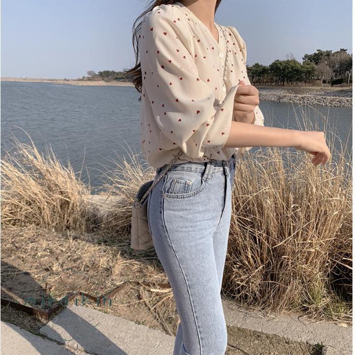 シャツブラウス ハート柄 レディース 長袖 Vネック シフォンシャツ トップス 40代 着やせ シャツ ブラウス 50代 カジュアル かわいい 30代 ラッパ袖 20代 