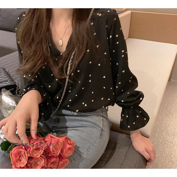 シャツブラウス ハート柄 レディース 長袖 Vネック シフォンシャツ トップス 40代 着やせ シャツ ブラウス 50代 カジュアル かわいい 30代 ラッパ袖 20代 