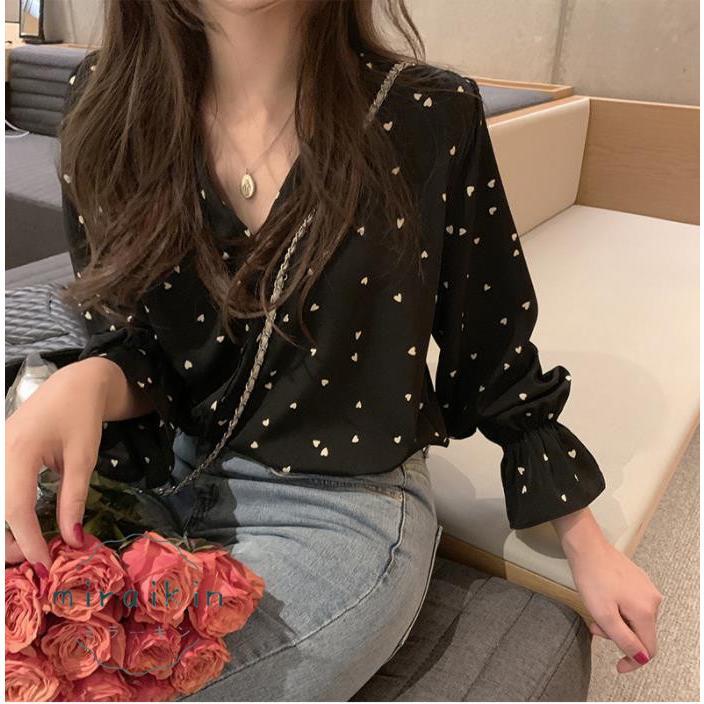 シャツブラウス ハート柄 レディース 長袖 Vネック シフォンシャツ トップス 40代 着やせ シャツ ブラウス 50代 カジュアル かわいい 30代 ラッパ袖 20代 