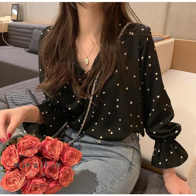 シャツブラウス ハート柄 レディース 長袖 Vネック シフォンシャツ トップス 40代 着やせ シャツ ブラウス 50代 カジュアル かわいい 30代 ラッパ袖 20代 