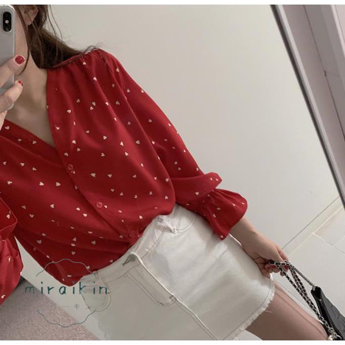 シャツブラウス ハート柄 レディース 長袖 Vネック シフォンシャツ トップス 40代 着やせ シャツ ブラウス 50代 カジュアル かわいい 30代 ラッパ袖 20代 