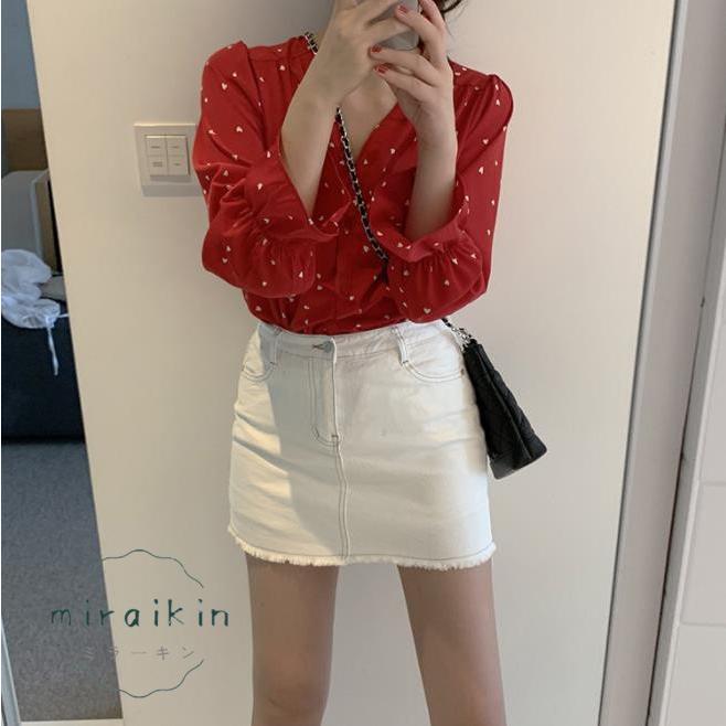 シャツブラウス ハート柄 レディース 長袖 Vネック シフォンシャツ トップス 40代 着やせ シャツ ブラウス 50代 カジュアル かわいい 30代 ラッパ袖 20代 