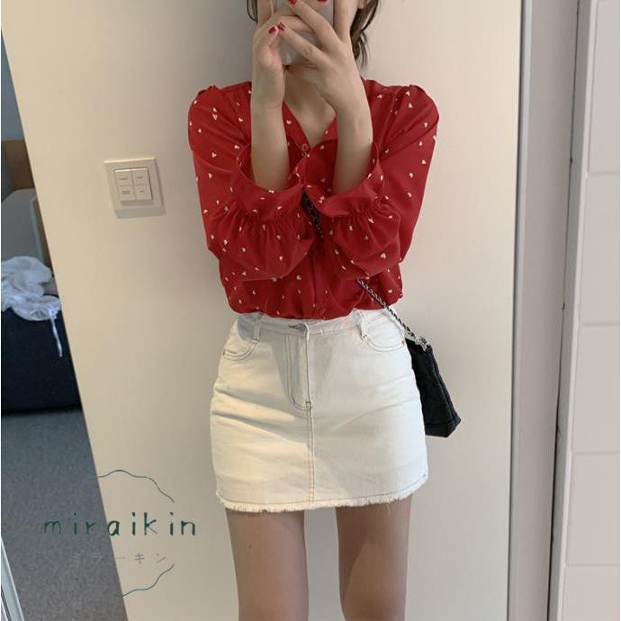 シャツブラウス ハート柄 レディース 長袖 Vネック シフォンシャツ トップス 40代 着やせ シャツ ブラウス 50代 カジュアル かわいい 30代 ラッパ袖 20代 