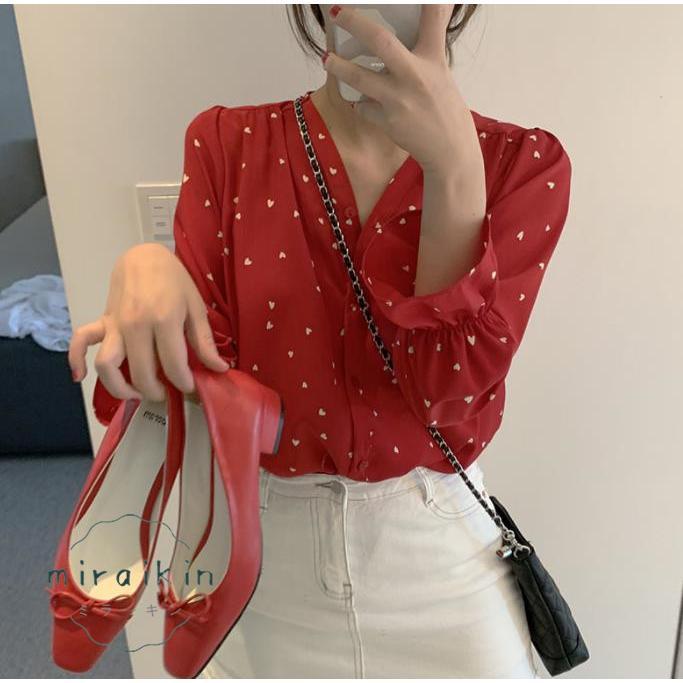 シャツブラウス ハート柄 レディース 長袖 Vネック シフォンシャツ トップス 40代 着やせ シャツ ブラウス 50代 カジュアル かわいい 30代 ラッパ袖 20代 