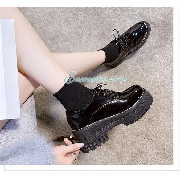レディース 革靴 厚底ローファー モカシン JK パンプス 靴ひも 女子靴 太めヒール 黒 コンフォート 裏起毛 オシャレ通勤通学 