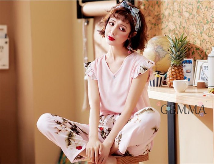 送料無料 ルームウェア パジャマ レディース 夏 半袖ｔシャツ 上下セット ロングパンツ 韓国風 花柄 カジュアル 涼しい 可愛い 