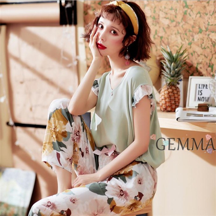 送料無料 ルームウェア パジャマ レディース 夏 半袖ｔシャツ 上下セット ロングパンツ 韓国風 花柄 カジュアル 涼しい 可愛い 