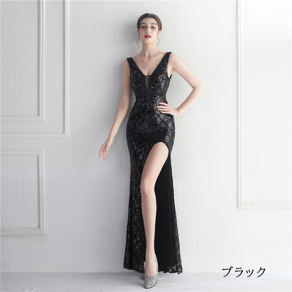 カラードレス マーメイドドレス パーティードレス ノースリーブ 袖なし スリット ウェディングドレス スパンキラキラ 結婚式 イブニングドレス 二次会 