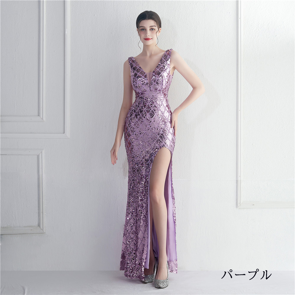 カラードレス マーメイドドレス パーティードレス ノースリーブ 袖なし スリット ウェディングドレス スパンキラキラ 結婚式 イブニングドレス 二次会 