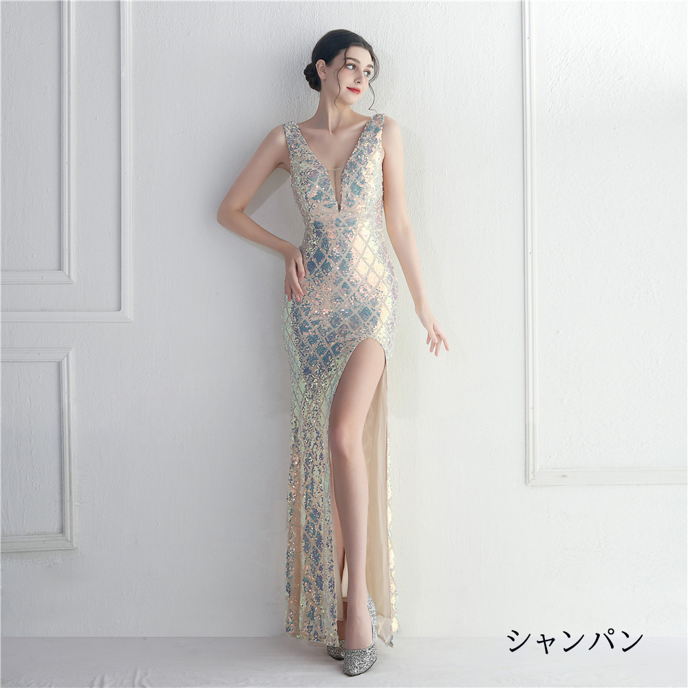 カラードレス マーメイドドレス パーティードレス ノースリーブ 袖なし スリット ウェディングドレス スパンキラキラ 結婚式 イブニングドレス 二次会 
