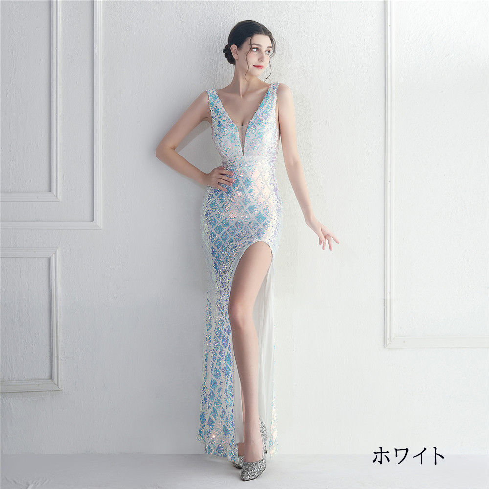 カラードレス マーメイドドレス パーティードレス ノースリーブ 袖なし スリット ウェディングドレス スパンキラキラ 結婚式 イブニングドレス 二次会 