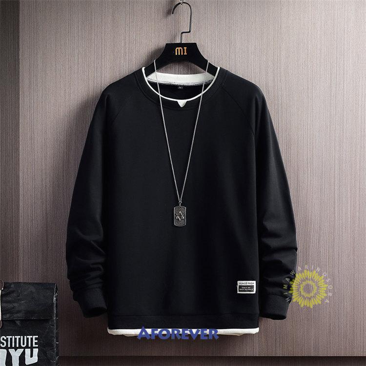長袖トレーナー メンズ 秋服 トレーナー プルオーバー 無地 秋 春 トップス 丸首 スウェットシャツ 秋コーデ 重ね着風 カジュアル 