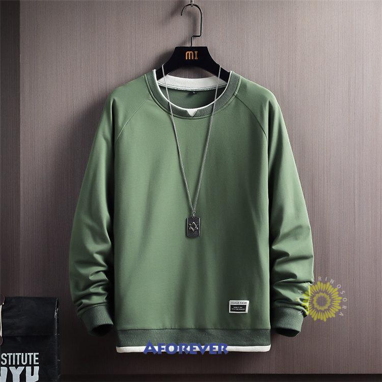 長袖トレーナー メンズ 秋服 トレーナー プルオーバー 無地 秋 春 トップス 丸首 スウェットシャツ 秋コーデ 重ね着風 カジュアル 