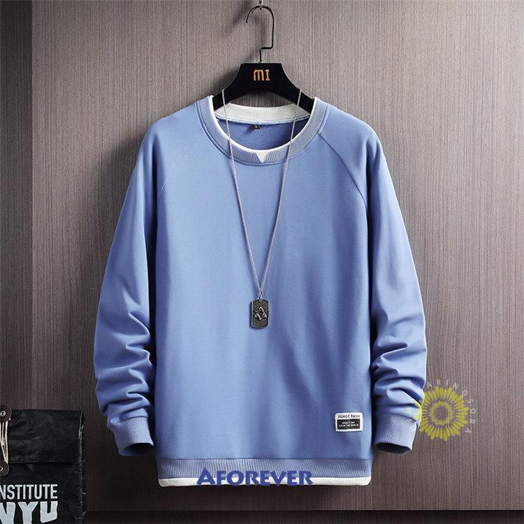 長袖トレーナー メンズ 秋服 トレーナー プルオーバー 無地 秋 春 トップス 丸首 スウェットシャツ 秋コーデ 重ね着風 カジュアル 