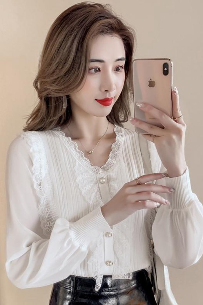 ニットトップス ニットブラウス レース レディース Vネック シフォン シアースリーブ ニット トップスぽわん袖 長袖 