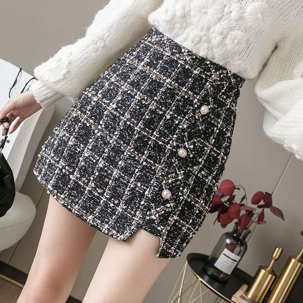 ツイード スカート レディース ショート丈 チェック柄 台形  