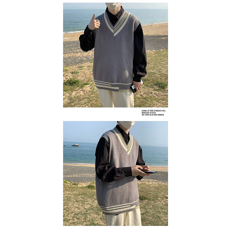 ニットベスト メンズ プルオーバー 袖なし ベスト Vネック ニット 学生 アウター トップス スクール 男子 通勤 オシャレ 通学 冬 秋 ゆったり カジュアル 