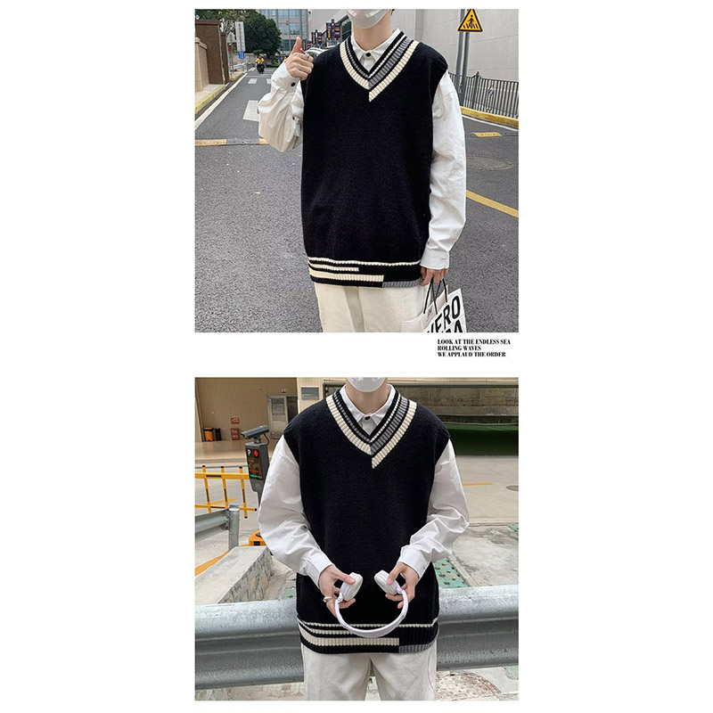 ニットベスト メンズ プルオーバー 袖なし ベスト Vネック ニット 学生 アウター トップス スクール 男子 通勤 オシャレ 通学 冬 秋 ゆったり カジュアル 
