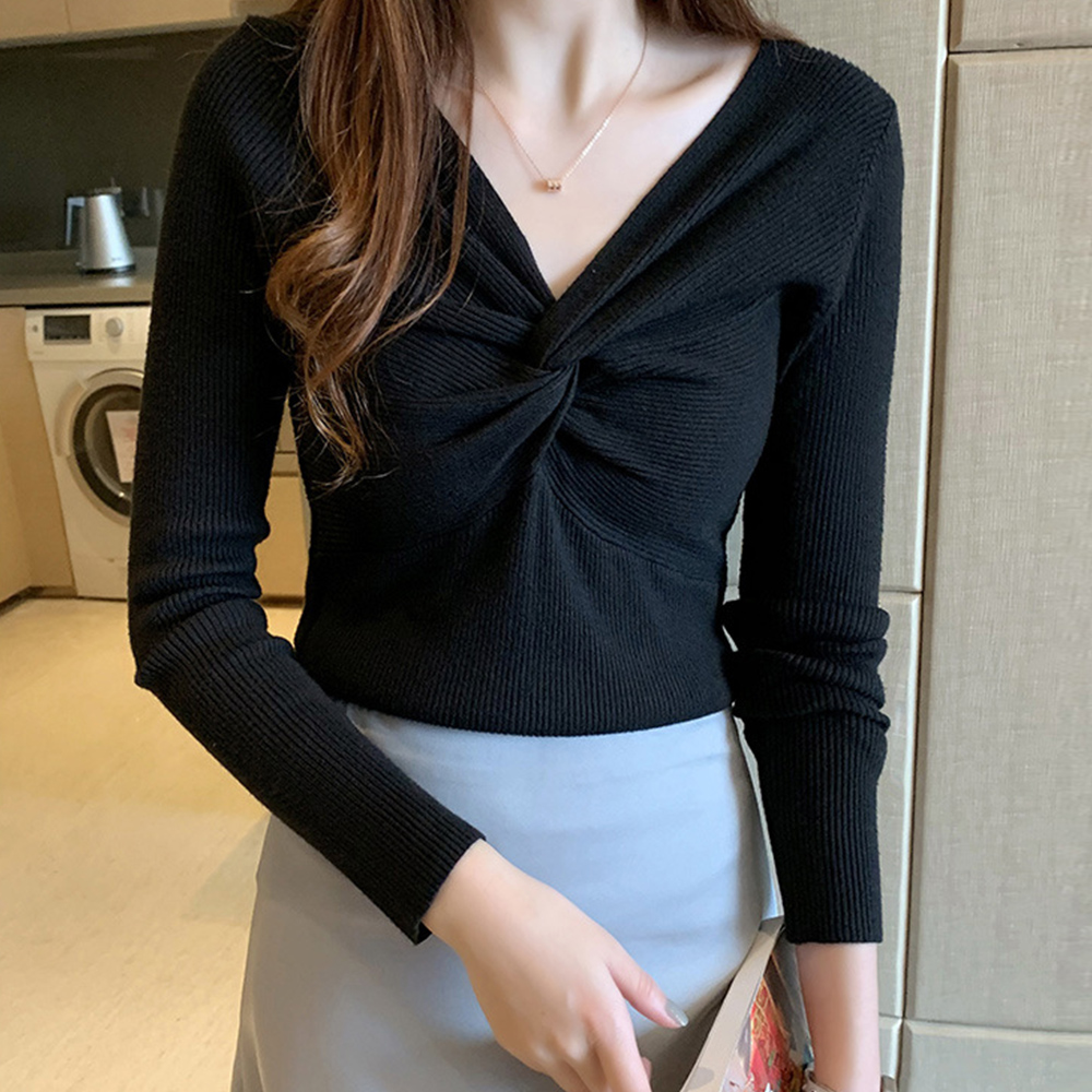 ツイスト リブ ニット トップス レディース ひねり ニットソー Vネック ストレッチ 