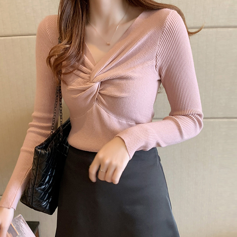 ツイスト リブ ニット トップス レディース ひねり ニットソー Vネック ストレッチ 